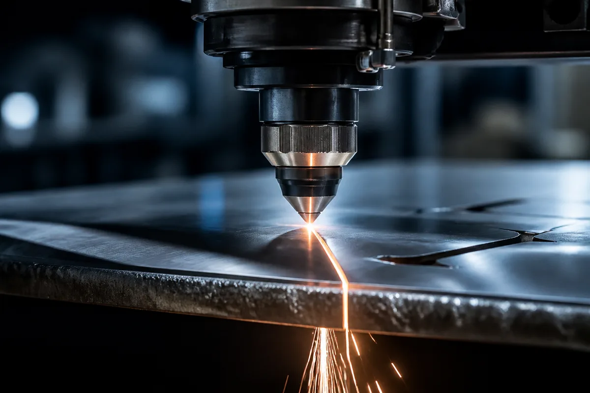 Faisceau de découpe laser ouvrant une saignée nette dans une tôle d&rsquo;acier en atelier