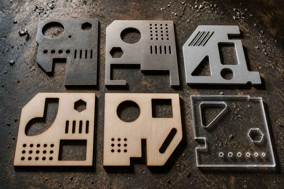 Échantillons de tôles acier inox aluminium et panneaux de bois découpés au laser