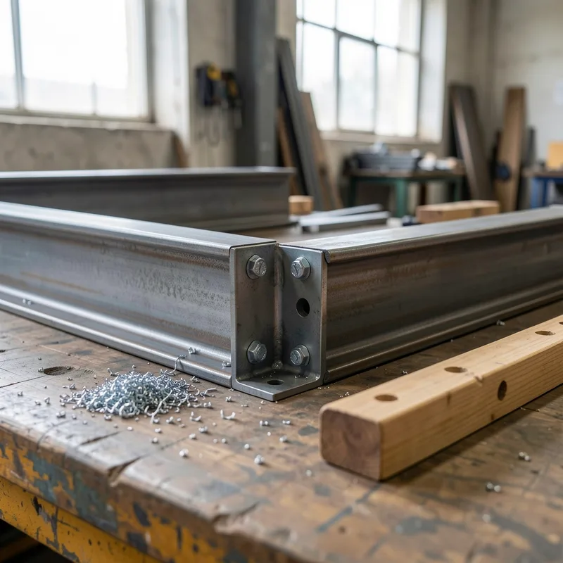 Atelier de construction métallique avec poutrelles en acier assemblées sur tréteaux