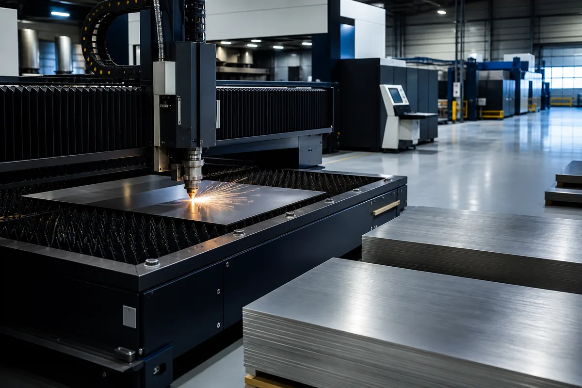Vue d&rsquo;atelier de découpe laser avec machine en fonctionnement et tôles empilées