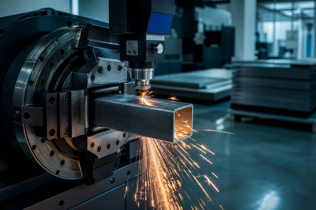 Faisceau laser découpant un tube carré en acier maintenu par des mandrins rotatifs