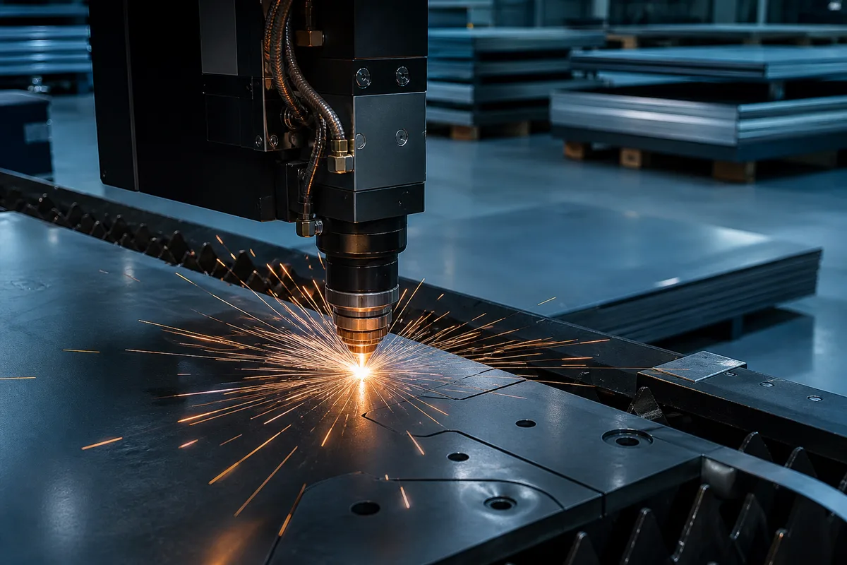 Tête de découpe laser concentrant son faisceau sur une tôle d&rsquo;acier