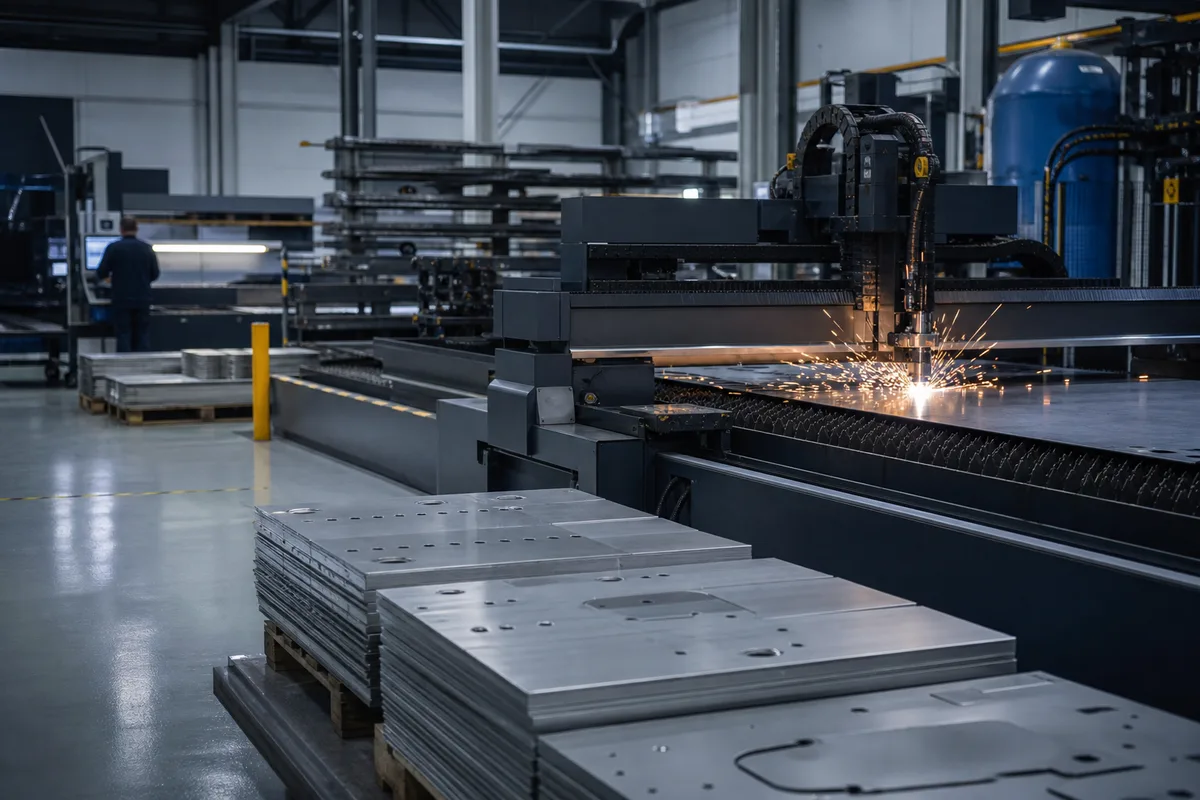 Ligne de production métallique avec pièces en cours de traitement automatisé