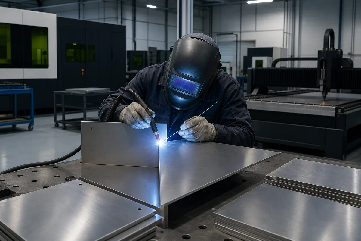 Soudeur assemblant deux tôles au poste TIG dans un atelier industriel